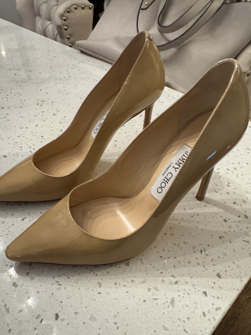 Jimmy Choo Beige Patent Leather Pointed-Toe Pumps
